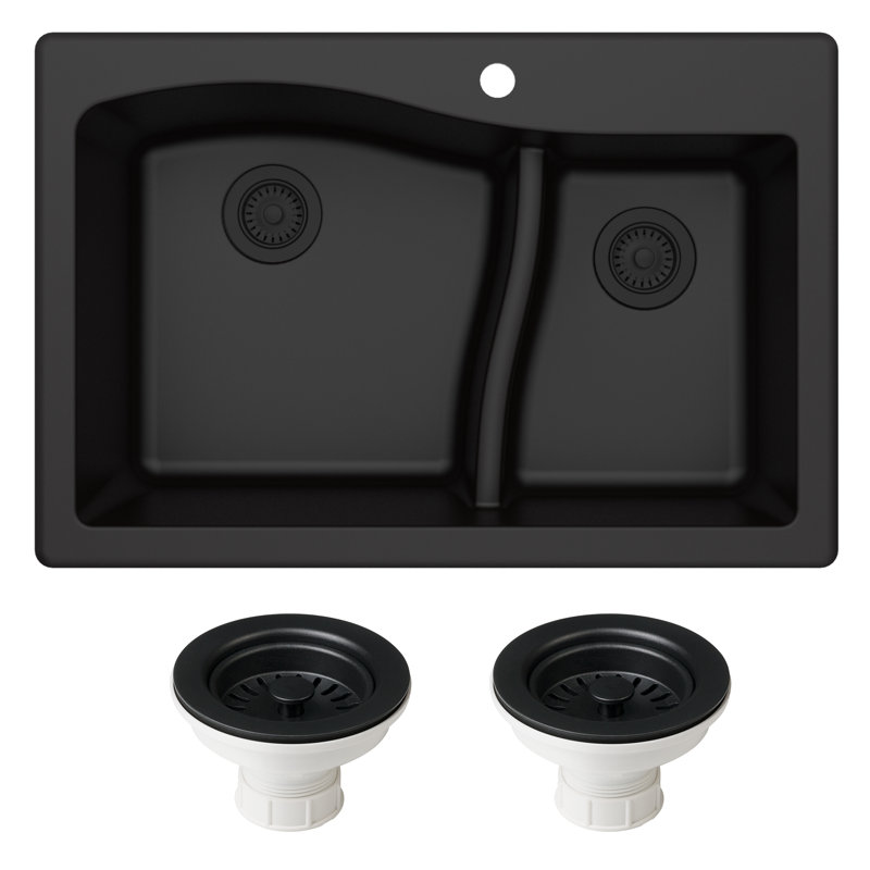 KRAUS Quarza™ 33" L Dual Mount 60/40 Double Bowl Granite Kitchen Sink and Strainers, Black