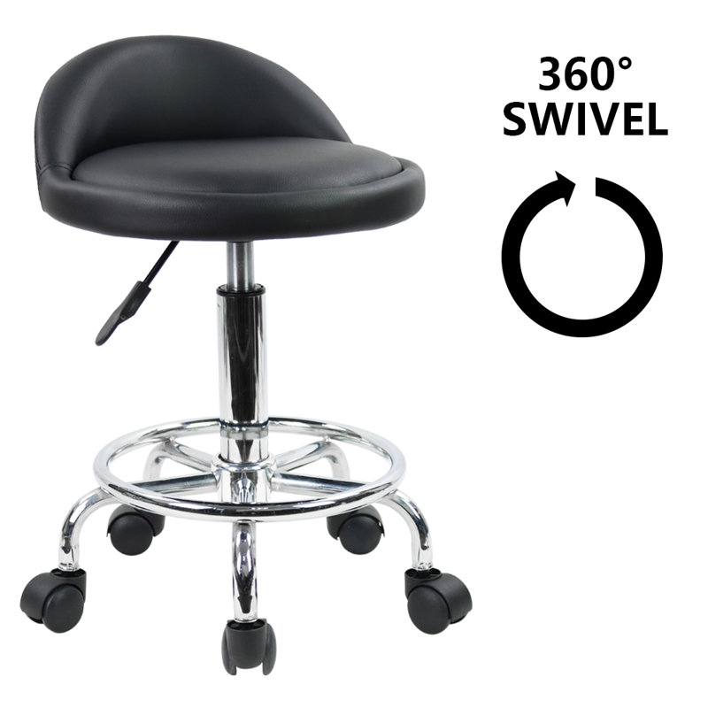Backed Adjustable Height Ergonomic Lab Stool with Footring Wheels, Black