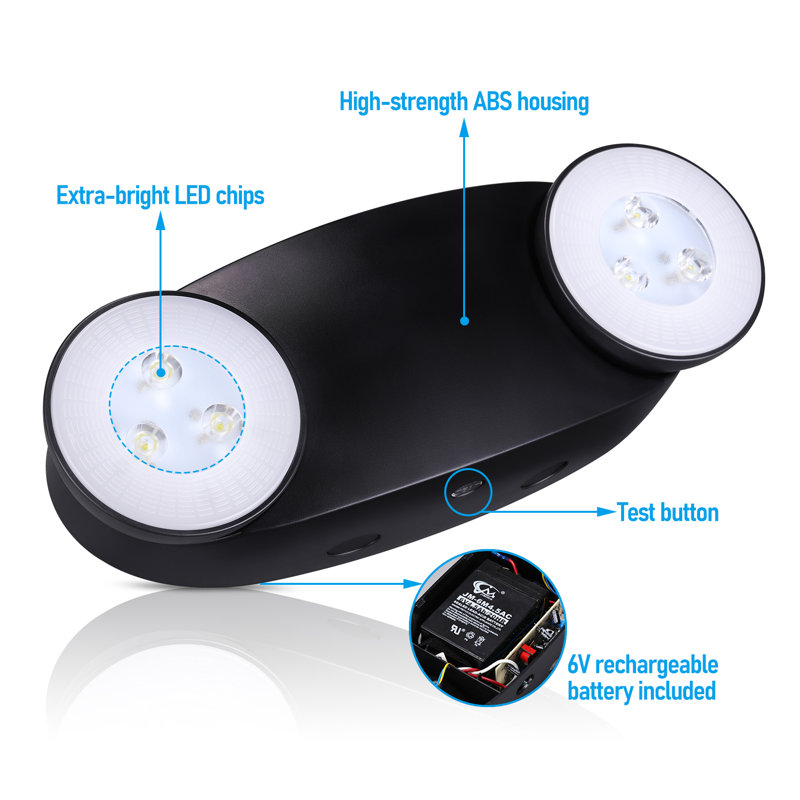 Éclairage de secours à haute luminosité, lumière de secours à double tête rotative avec batterie de secours, noir, Noir