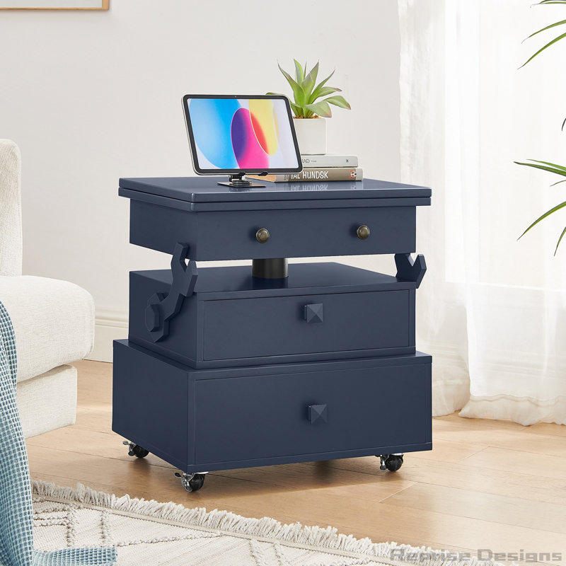 Table de bout roulante à hauteur ajustable laquée ultrabrillante avec station de charge et roues universelles avec freins, table à plateau relevable multifonctionnelle avec tiroirs de rangement pour la chambre à coucher du salon