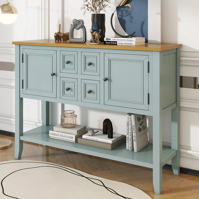 Grande console de rangement rétro avec quatre petits tiroirs Cambridge Series, Vert clair / naturel
