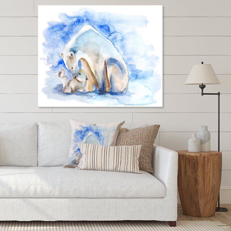 Ours polaire avec un ourson - peinture sur toile, H 12 po x l 20 po x P 1 po, Toile tendue