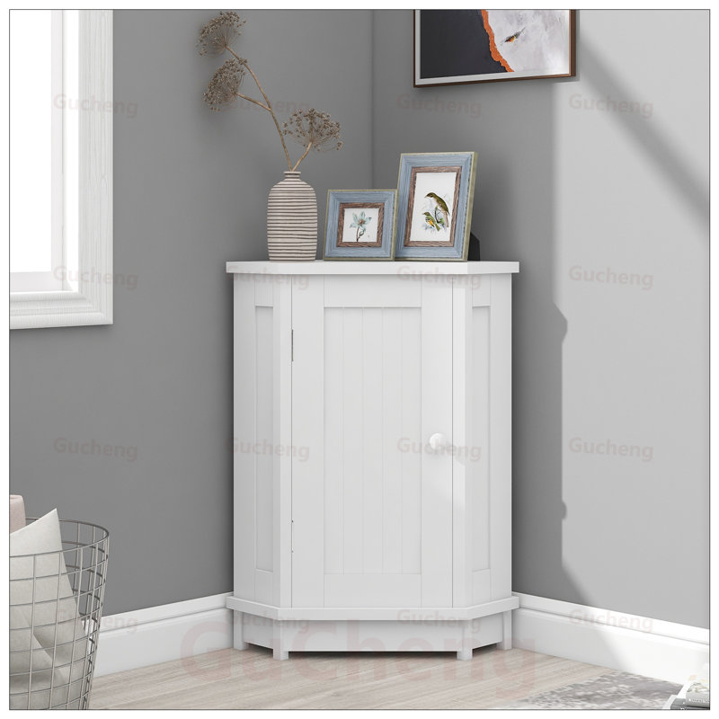 Armoire de salle de bain avec rangement en coin triangulaire avec tablettes réglables, panneau de fibres à densité moyenne moderne pour une utilisation efficace de l'espace
