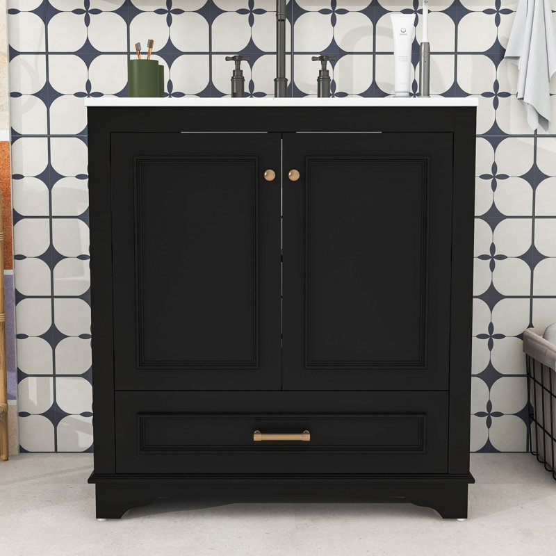 Meuble-lavabo en bois avec lavabo en céramique, tablette réglable et tiroir, Noir