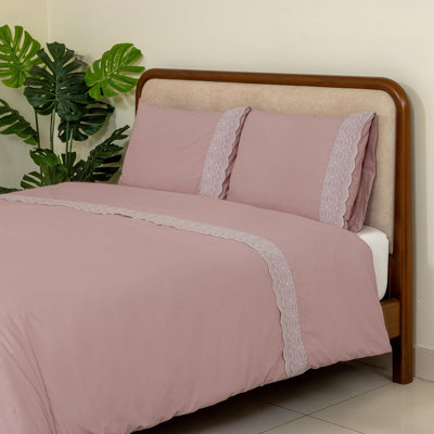 Literie Dreamology rose, format King, avec broderie florale, douce et respirante, bordure festonnée, taies d'oreiller assorties | 3 morceaux