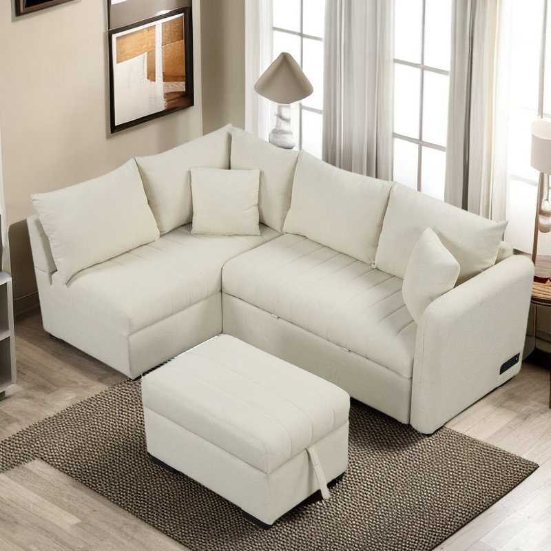 Upholstered Sectional, Beige Fabric