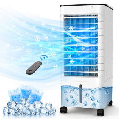 Evaporative Fan, Swamp Cooler Fan w/ 12H Timer for Auto-off, 6 Upgraded Ice Packs, 3-Speed Windowless Fan, Smart Remote, Dual Tank Portable Fan for Room