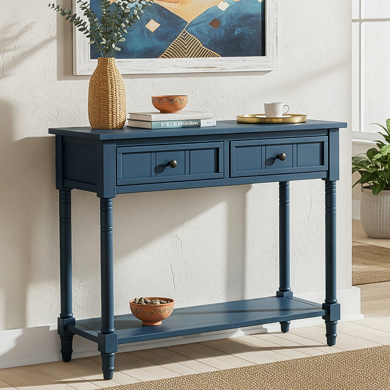Console de style traditionnel avec deux tiroirs et une tablette inférieure, Bleu marine foncé