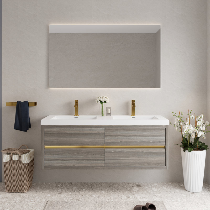 Meuble-lavabo de 60 po avec lavabos doubles, armoire de rangement flottante, comptoir en résine de pierre, tiroirs à fermeture en douceur, gris cendré, pré-assemblé, rangement spacieux, qualité, finition à l'eau, lavabo gris à fonctionnement silencieux