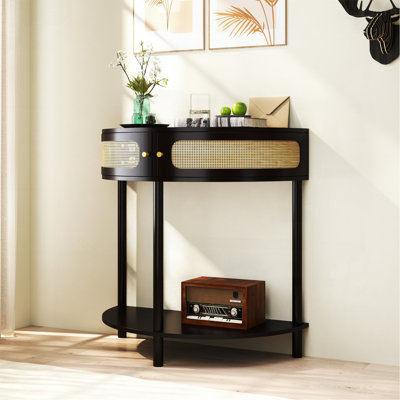 Table de bout unique en demi-lune avec porte coulissante en rotin, console élégante en demi-cercle avec 2 armoires de rangement en rotin et tablette inférieure pour le salon, la chambre à coucher, le bureau, le couloir (noir)