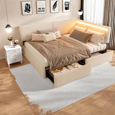 Lits doubles beiges avec rangement, éclairage DEL, port USB, cadre en bois, style moderne