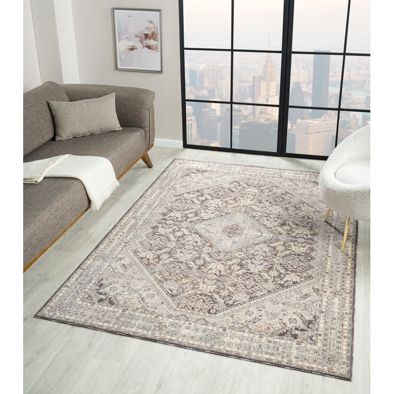 Tapis traditionnel Hult Austro - médaillon neutre avec finition patinée, Rectangle 10 pi x 13 pi 2 po