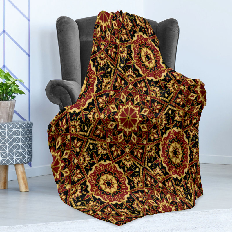Ambesonne Turkish Pattern Fleece Throw Blanket Dark Byzantine Ruby Mustard Black, 50" W x 60" L