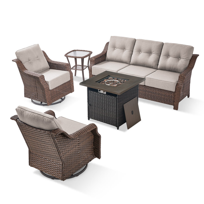 Lisandro 5-Piece All-Weather Outdoor Wicker Square Fire Pit Conversation Set With Swivel Gliders And Side Table For Patio＆Garden