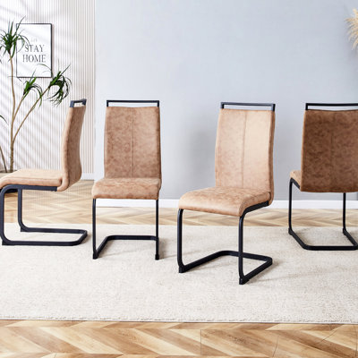 Modern High Back Dining Chairs (4 ) - Brown: Upholstered With Technology Cloth, Tube Metal Legs, Slip Pad For Diverse Areas Room, Kitchen, Vanity, Patio, Club, Guest, Office Of 4 Brown Chairs, Chair