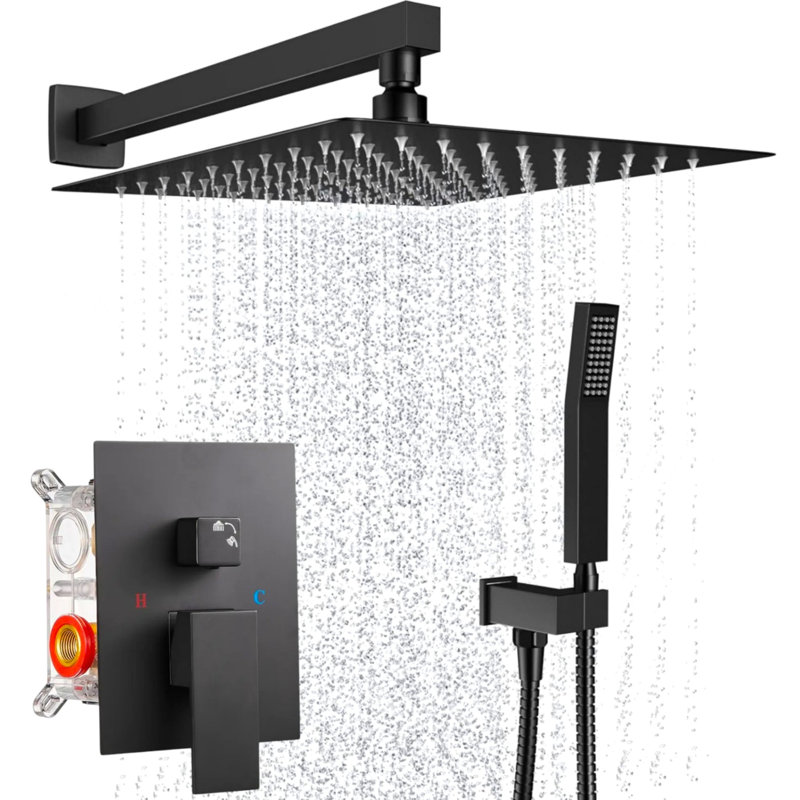 10" Square Shower Head Pressure Balanced Shower Faucet System With Handheld Spray, Matte Black