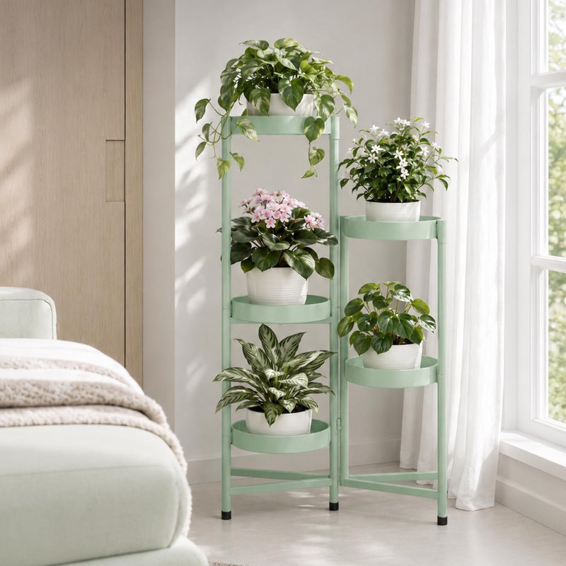 Étagère d'angle en métal à 5 ​​niveaux pour plantes, haute tablette intérieure/extérieure avec plateaux rotatifs, Mint Green
