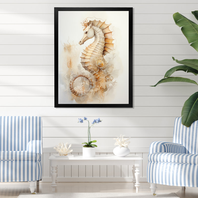 Hippocampe magique beige II sur toile, H 44 po x l 34 po x P 1,5 po, Cadre simple noir