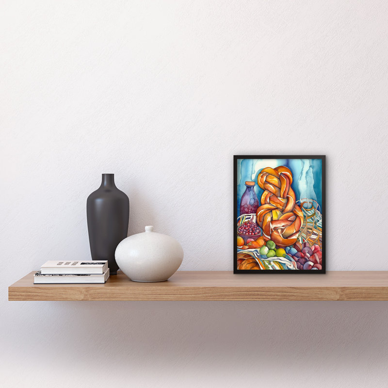 Jewish Challah Bread And Fruit Folk Art Watercolour Painting Artwork Framed Wall Art Print 9X7 Inch
