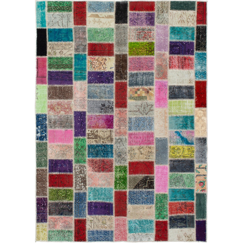 Tapis unique en laine noué à la main gris / rouge / ivoire de style années 2010 de 5 pi 4 po x 7 pi 8 po Araz