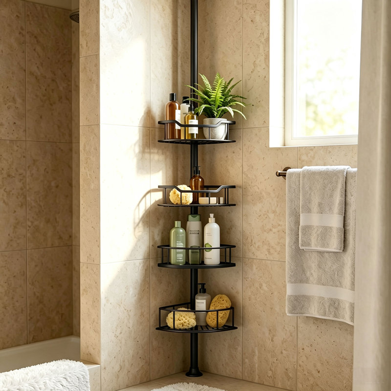 Étagère de douche d'angle réglable à 4 niveaux en acier inoxydable avec barre de tension, Matte Black