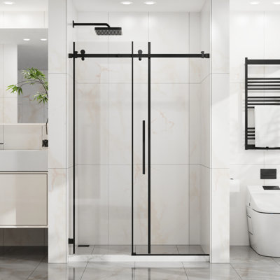 Porte de douche coulissante à largeur réglable de 44 à 48 po, verre trempé transparent de 6 mm, technologie anti-éclaboussures, conception moderne pour porte de salle de bain en verre avec roulettes en acier inoxydable de 1/4 po (6 mm), finition noir mat