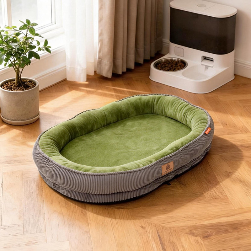 Corduroy Pet Bed, Medium (12.5cm H x 60cm W x 50cm D), Green/Gray