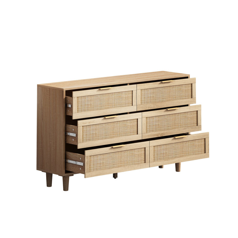 Multi purpose Rattan 6 Drawer Dresser,Modern Storage Cabinet with Wooden Legs, Natural, 29.53" H x  43.31" W x 15.75" D