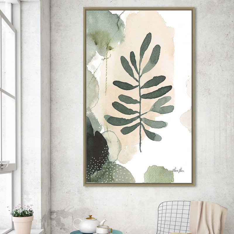 «Sage Bliss III» par Laura Horn - Peinture, H 63,5 po x l 39,5 po x P 2 po, Cadre flottant champagne