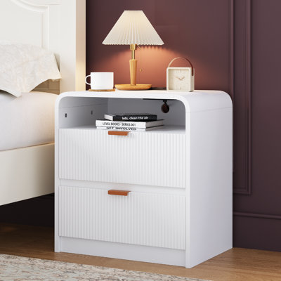 Ato 24" Fluted Nightstand with Charging Station, Wooden End Table with 2 Drawers Storage, Curved Profile Design, Modern Bedside Cabinet for Bedroom Living Room