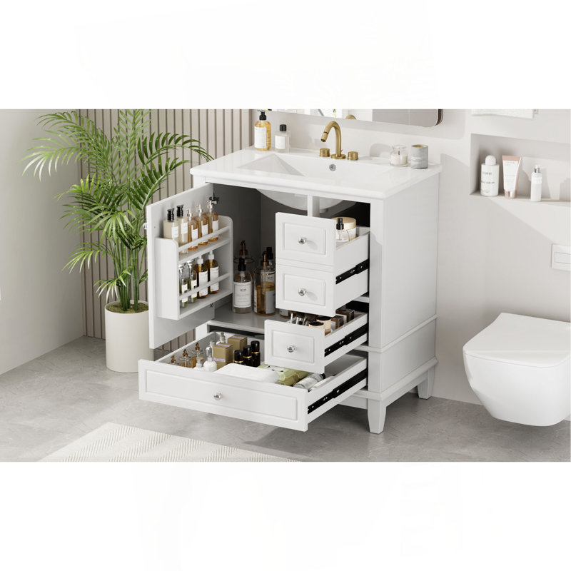Meuble-lavabo 30 po avec lavabo, une porte avec tablette et trois tiroirs, porte à fermeture en douceur, Blanc