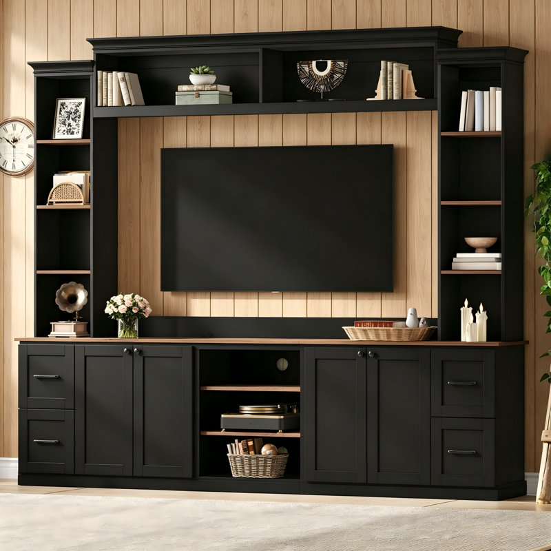 Ensemble de meuble télé noir rétro: tablettes et tiroirs en noyer - grande console multimédia de salon