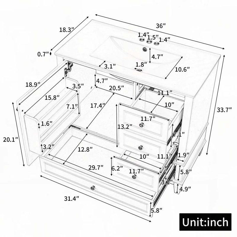 36" Bathroom Vanity with Ceramic Sink, Gray