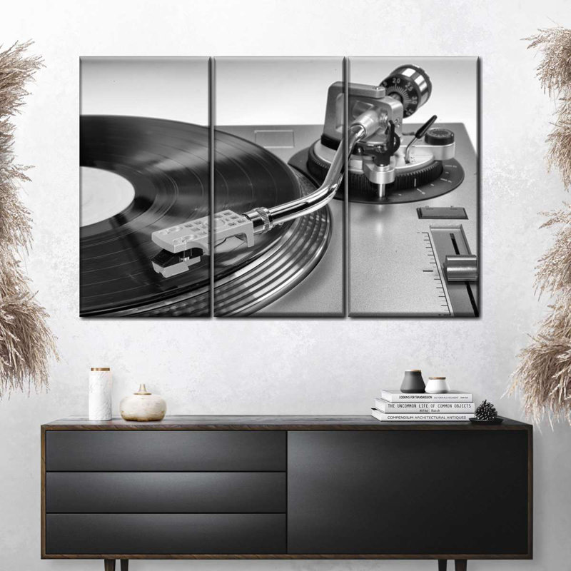 Ensemble de 3 pièces de disque vinyle sur toile BW, H 14 po x l 23 po x P 1 po