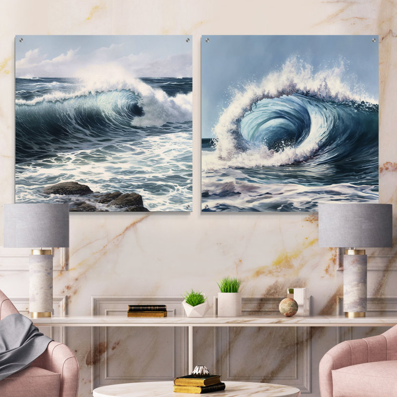 Ocean Wave Mouvement II - ensemble de 2 verres muraux modernes en acrylique, H 16 po x l 33 po