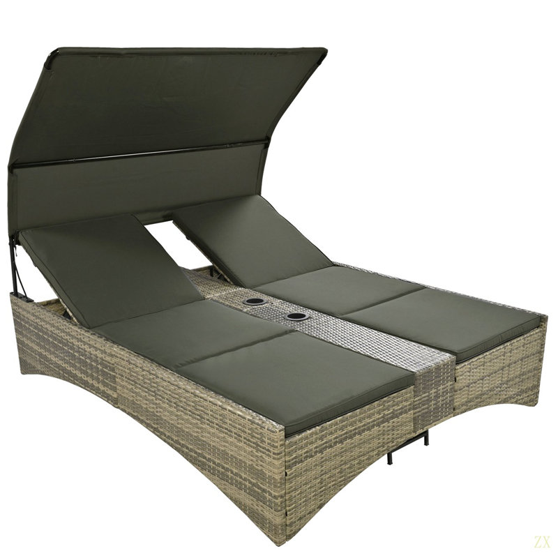 Chaise longue d'extérieur en rotin pour terrasse avec toit ajustable, dossier réglable, boîte de rangement et 2 porte-gobelets