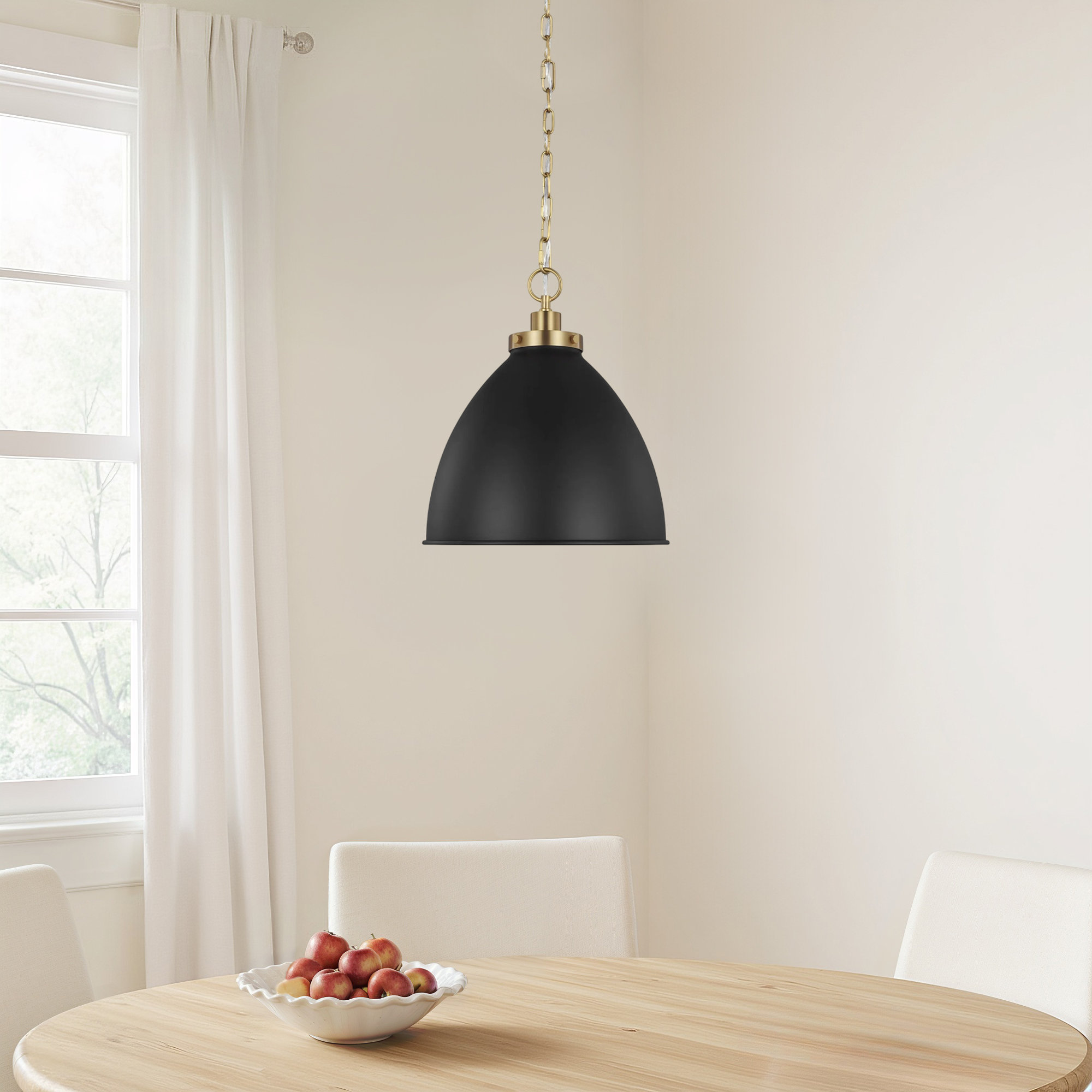 Single Light Metal Dimmable Pendant, Burnished Brass, Midnight Black, 13.5" H x 15.625" W x 15.625" D