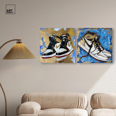 Gold Sky Sneakers Set Canvas Print Urban Sneaker Wall Art Set by Art Remedy, Black Frame, 12 x 12