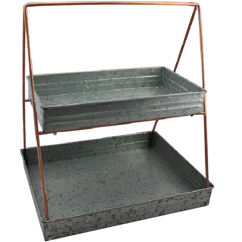 Plateau de service rectangulaire en métal galvanisé à 2 niveaux, gris