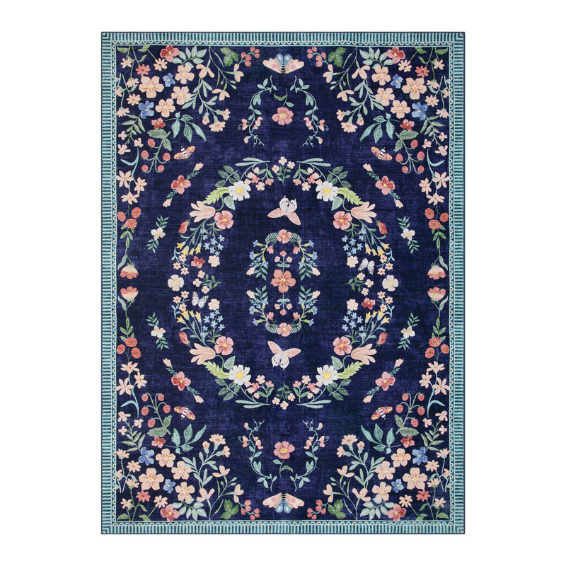 8x10 Large Vintage Garden Area Rug, Non-Slip Washable Low-Pile Floral Print Stain Resistant Foldable Carpet for Dining Room Playroom Office