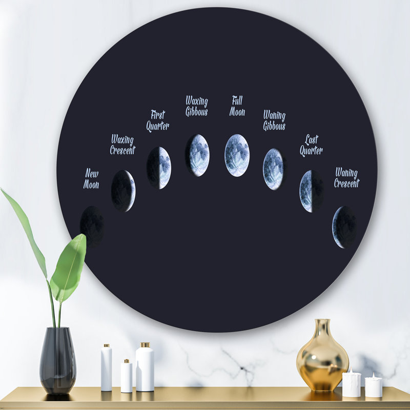 Phases de lune dans l'espace - Art mural bohémien et éclectique en cercle métallique, H 36 po x l 36 po x P 1 po