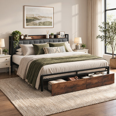 California King Size Bed Frame with Vintage Brown Wood and Gray Upholstered Headboard, USB Charging, 2 Storage Drawers, Spring-Free & Easy Assembly