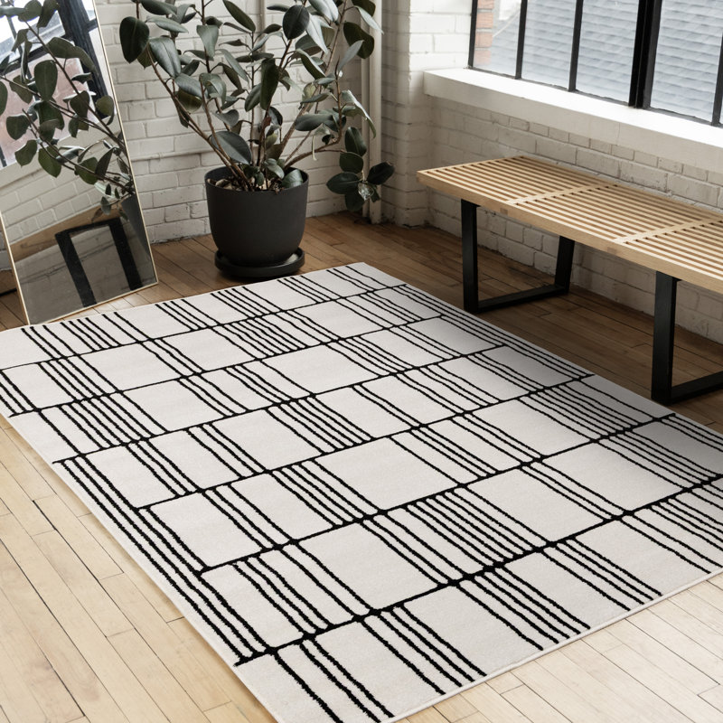 Tapis rayé blanc contemporain contemporain, 5 pi 3 po x 7 pi 7 po