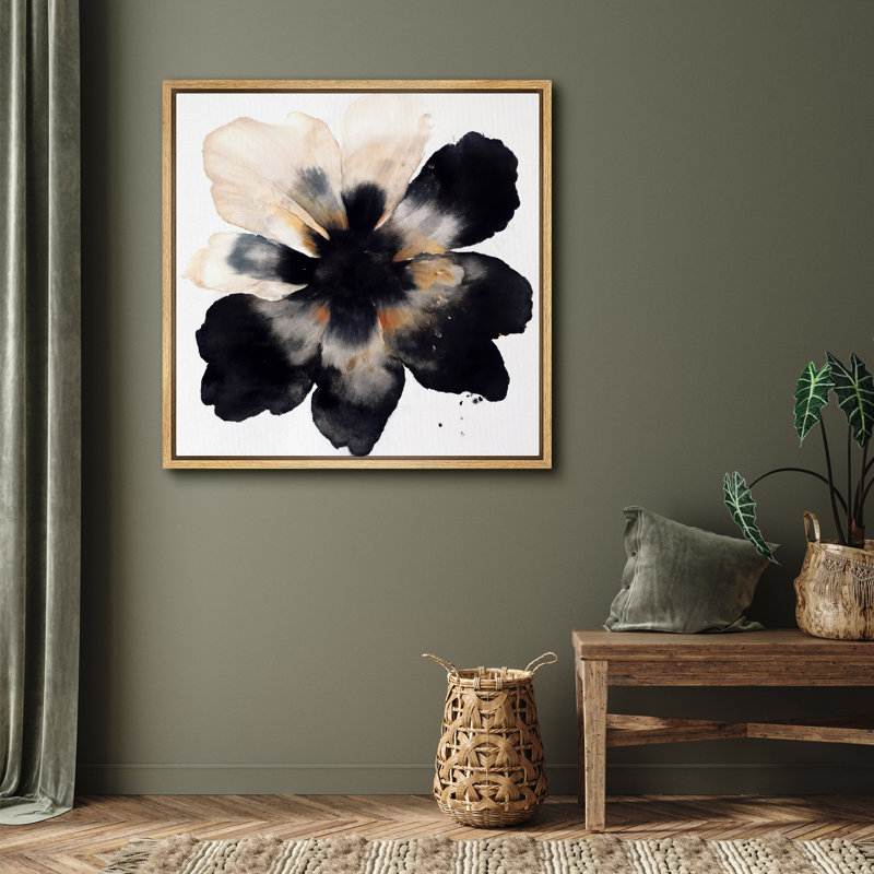 "Bold" noir et beige abstrait floral sur fond blanc - impression sur toile encadrée, H 24 po x l 24 po, Cadre naturel
