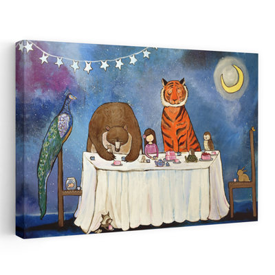 Tableau abstrait contemporain représentant un paysage forestier avec un ours, un oiseau et un hibou, sous une nuit étoilée.