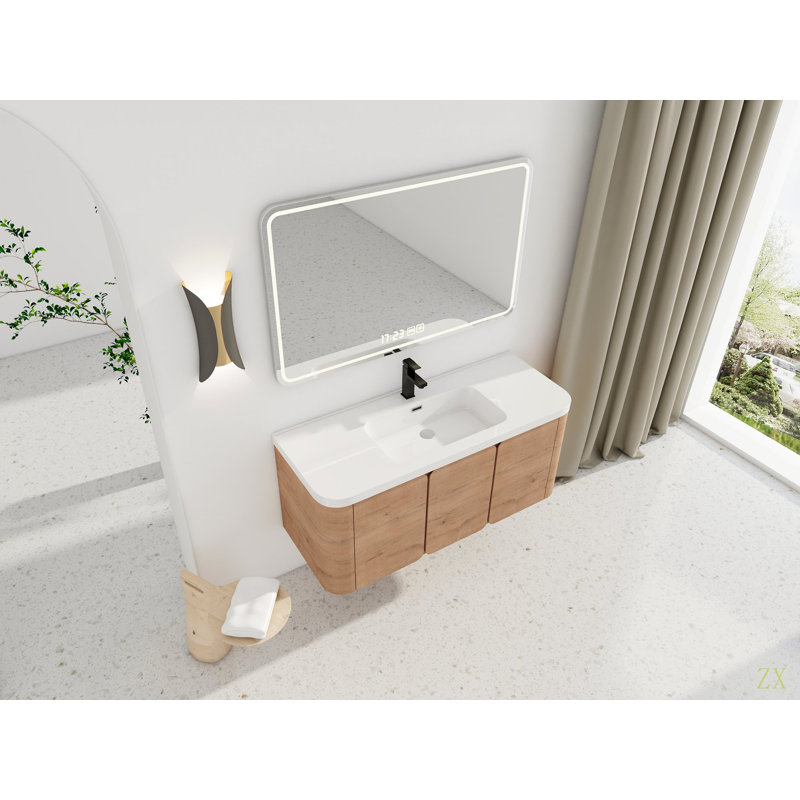 Meuble-lavabo mural 48 po avec lavabo en résine et 3 portes à fermeture en douceur, emballage KD, contreplaqué