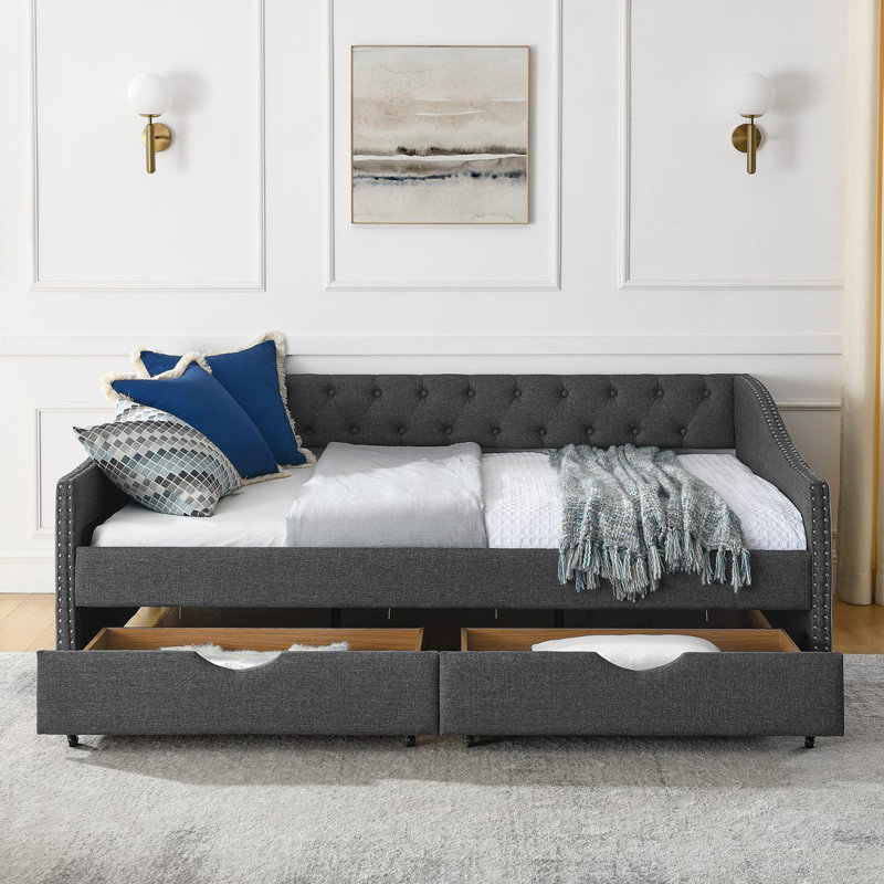 Lit de jour moderne avec tiroirs, canapé-lit capitonné, avec bouton sur le dos et clou en cuivre sur les accoudoirs ondulés