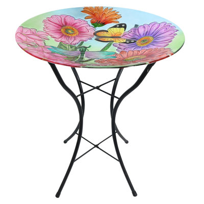 Zinnias In Bloom Glass Birdbath