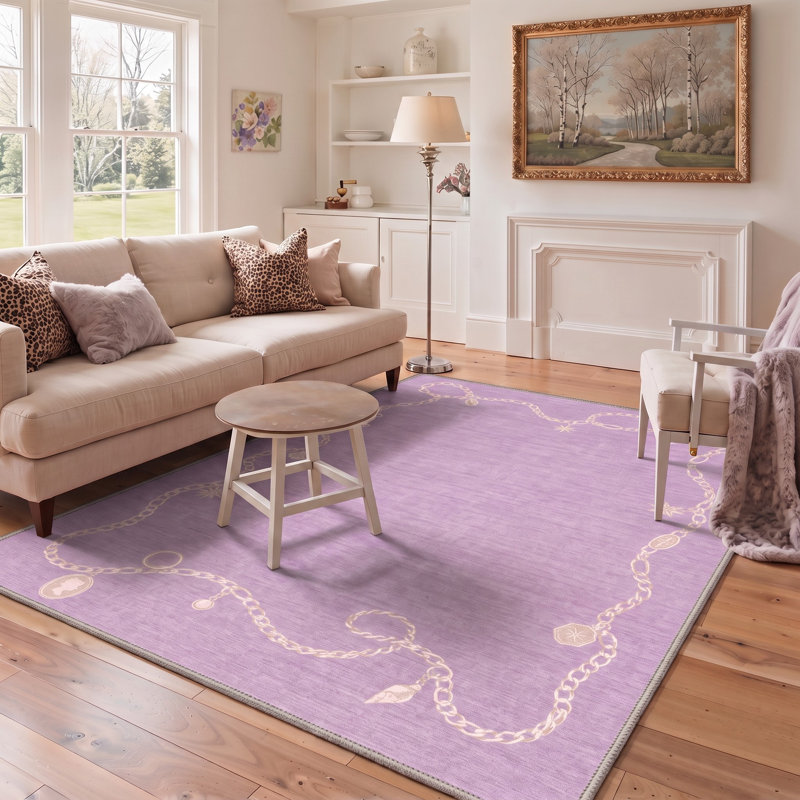 Tapis mauve / ivoire lavable à la machine avec envers antidérapant, Rectangle 6 pi x 9 pi