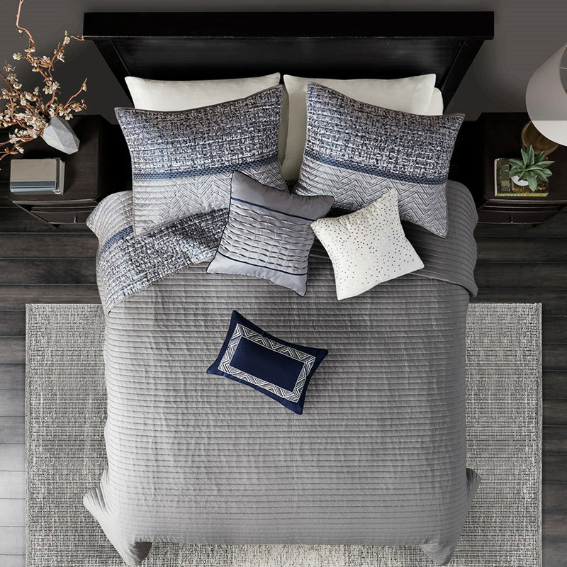 Courtepointe luxueuse réversible marine - Double / Grand avec 3 magnifiques coussins doux et élégant, Marine